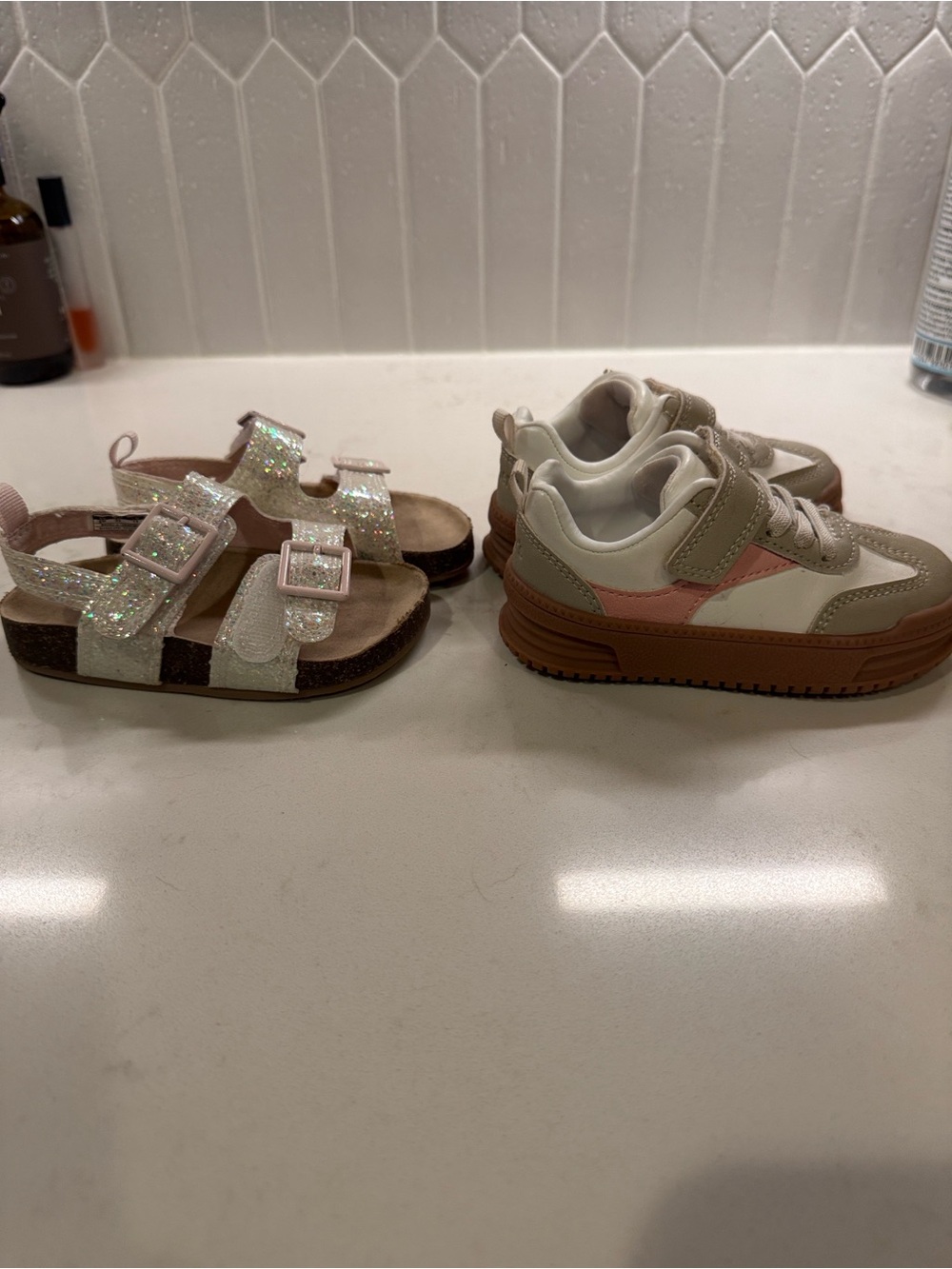 Kids White and Pink Casual Sneakers and Sparkle Sandals Set